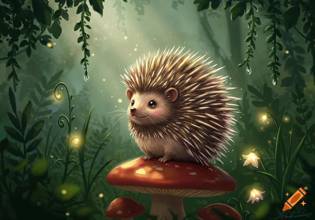 A cute, spiky hedgehog with rosy cheeks sits on a red mushroom in a whimsical, glowing forest.