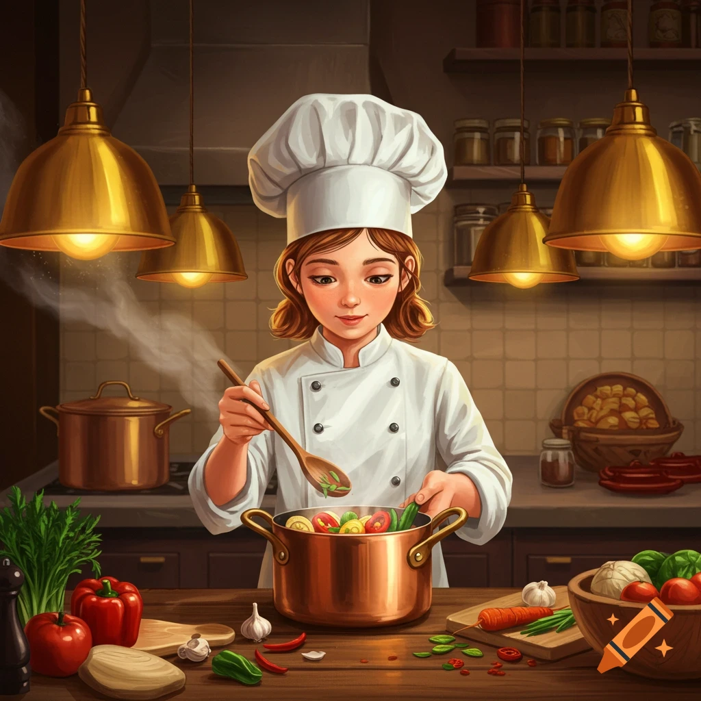 A cartoon girl chef in a white uniform stirring vegetables in a pot in a warm kitchen.