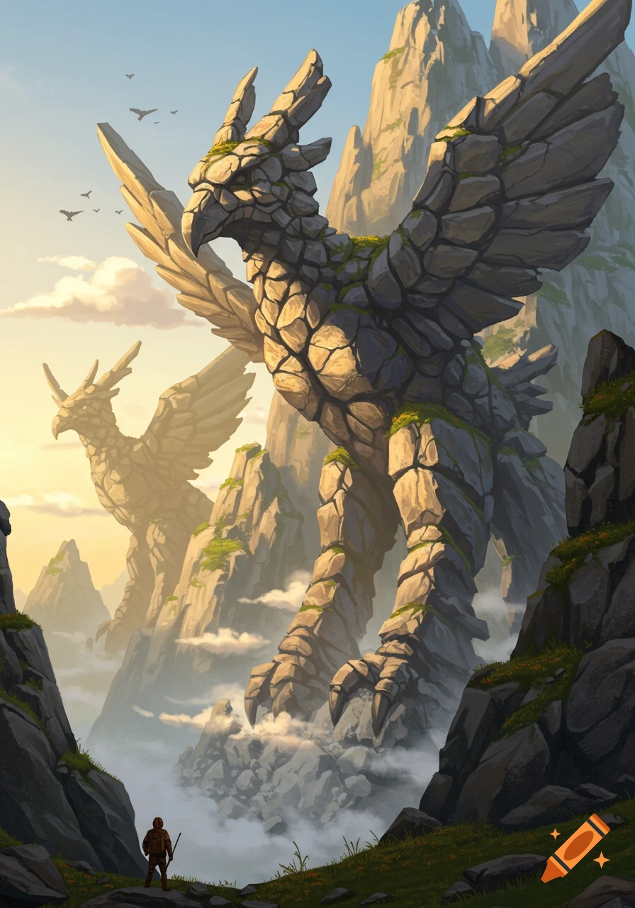 A small figure looks up at gigantic rock bird statues rising from a misty valley at sunset.