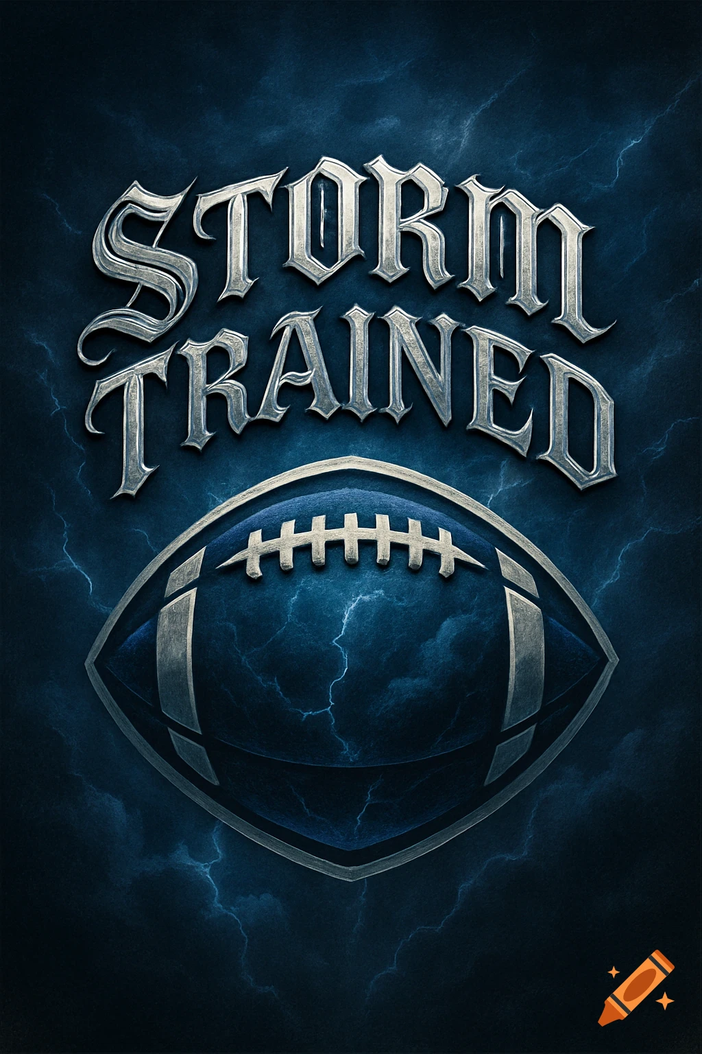 Gothic text 'STORM TRAINED' arched above a dark blue football logo with a stormy, lightning background.