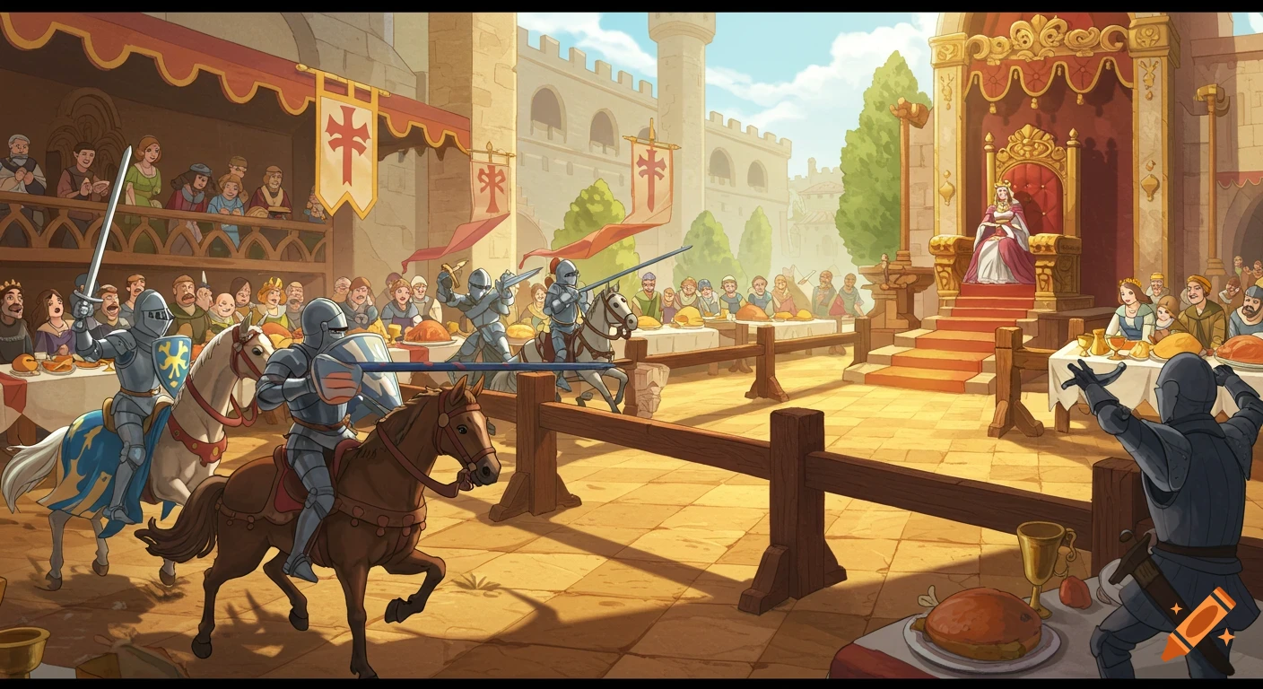Cartoon medieval jousting tournament in a castle courtyard. Knights on horses joust, with a queen on a throne and guests at a banquet.