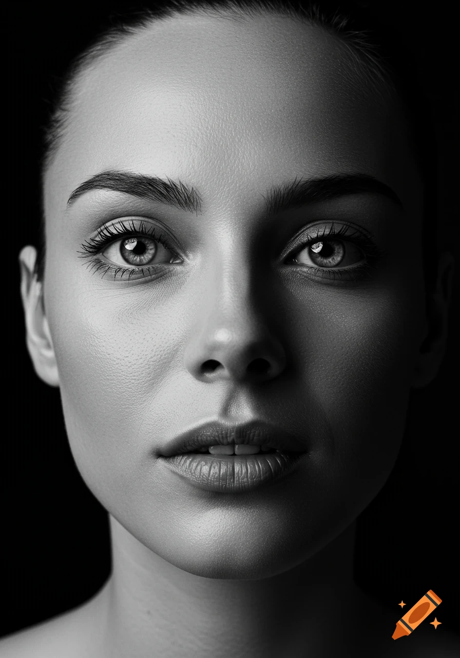 Close-up black and white studio portrait of a woman's face, with expressive eyes and a hint of a smile.