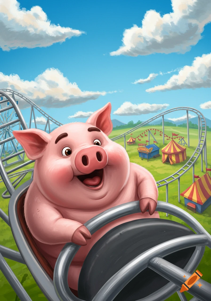 A happy cartoon pig rides a rollercoaster at an amusement park under a blue sky with white clouds.