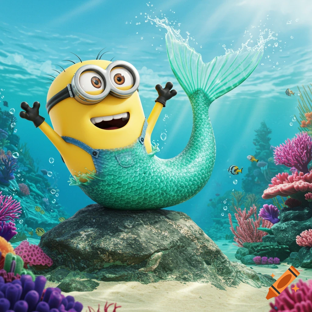 A happy Minion mermaid splashes water while sitting on a rock in a vibrant underwater coral reef.