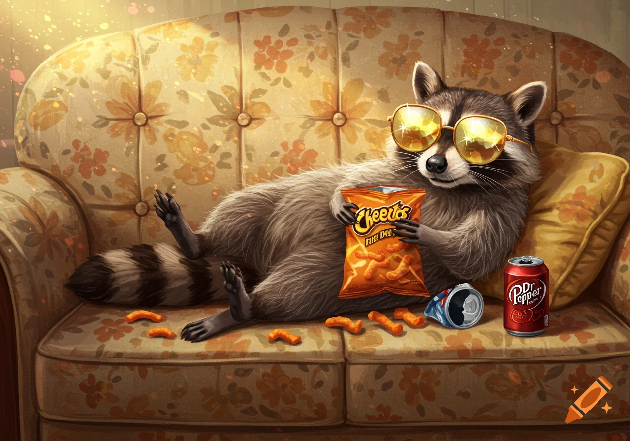 A cool raccoon wearing gold sunglasses relaxes on a floral couch, eating Cheetos from a bag and drinking Dr. Pepper.