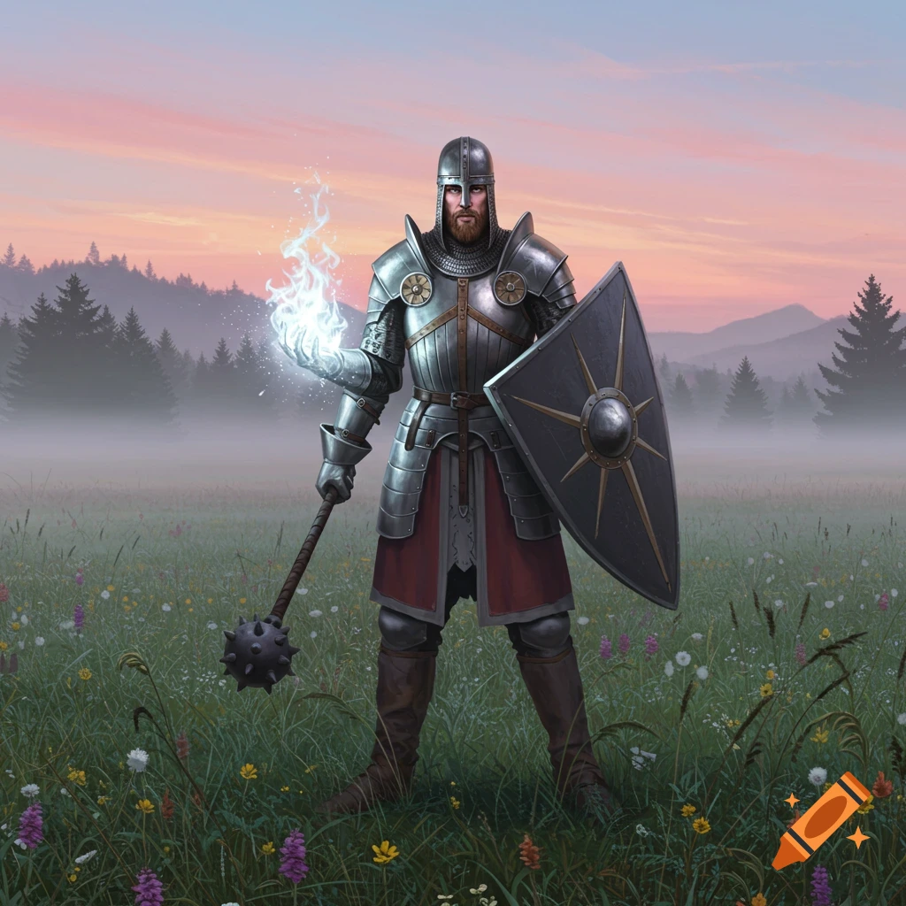 A medieval warrior in full plate armor holds a mace and glowing white magic in a field of wildflowers at sunset.