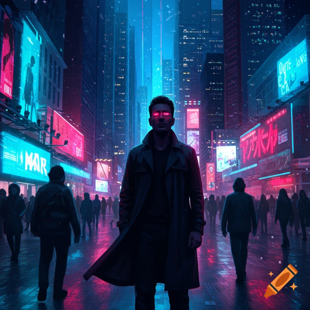 A man with glowing red eyes stands in a futuristic, neon-lit cyberpunk city at night, with crowds and tall buildings.