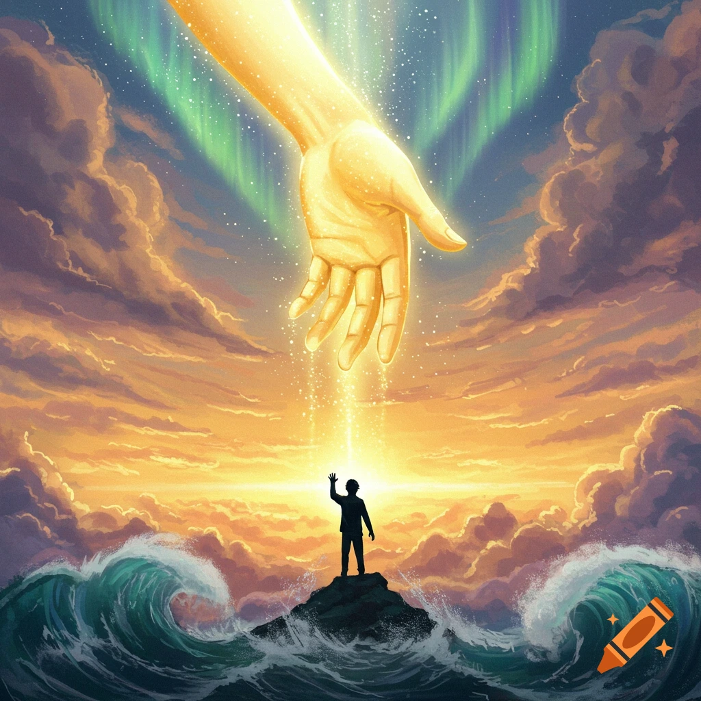 A giant golden hand reaches down from a sky with aurora borealis towards a silhouetted person standing on a rock in a stormy ocean.