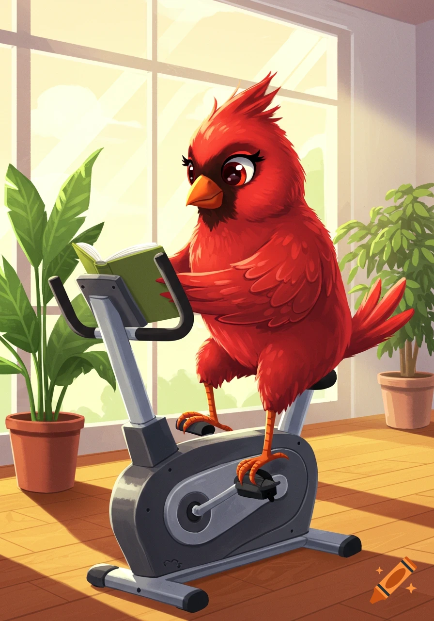 A cute cartoon red cardinal with big eyes rides an exercise bike, reading a green book in a sunny room with plants.