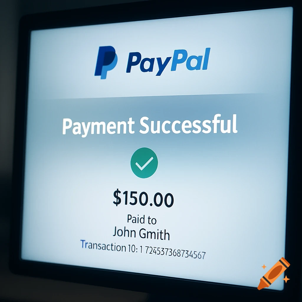 Close-up of a digital screen displaying a PayPal 'Payment Successful' message for $150.00 paid to John Gmith.