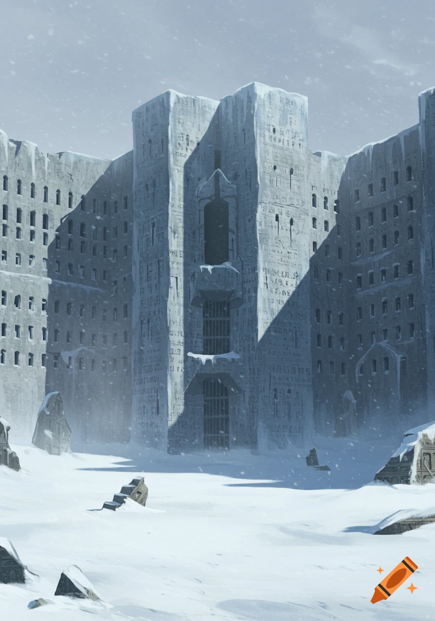 A massive, ancient-looking stone prison-like structure with countless small window-like openings and faded hieroglyphs, covered in snow in an icy wasteland.