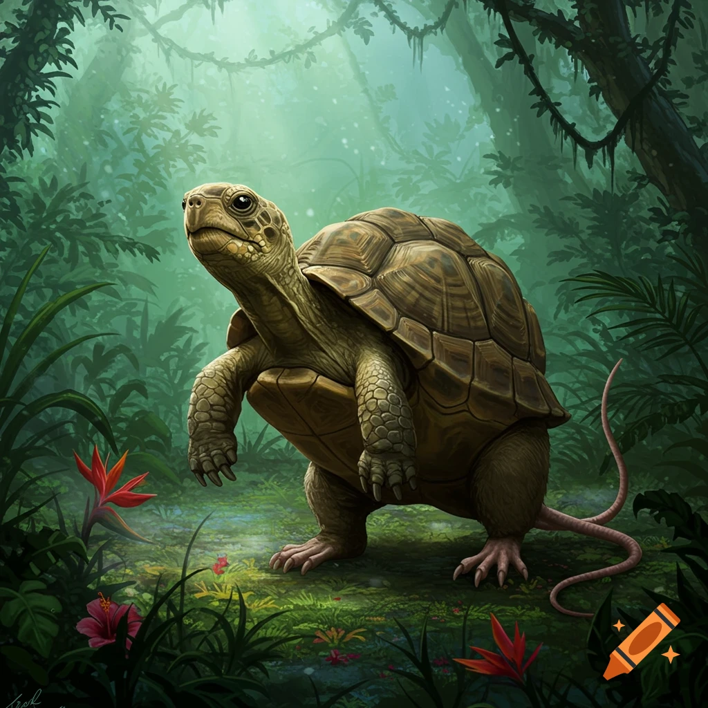 A bipedal turtle with rodent legs and a long tail stands in a vibrant, misty jungle.