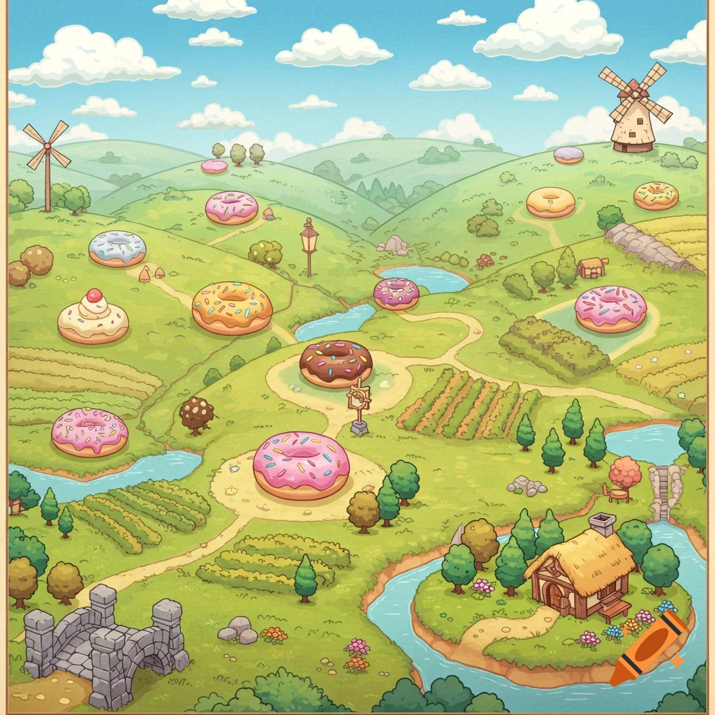 Whimsical cartoon map of a donut-filled landscape with green hills, rivers, a cottage, windmills, and winding paths.