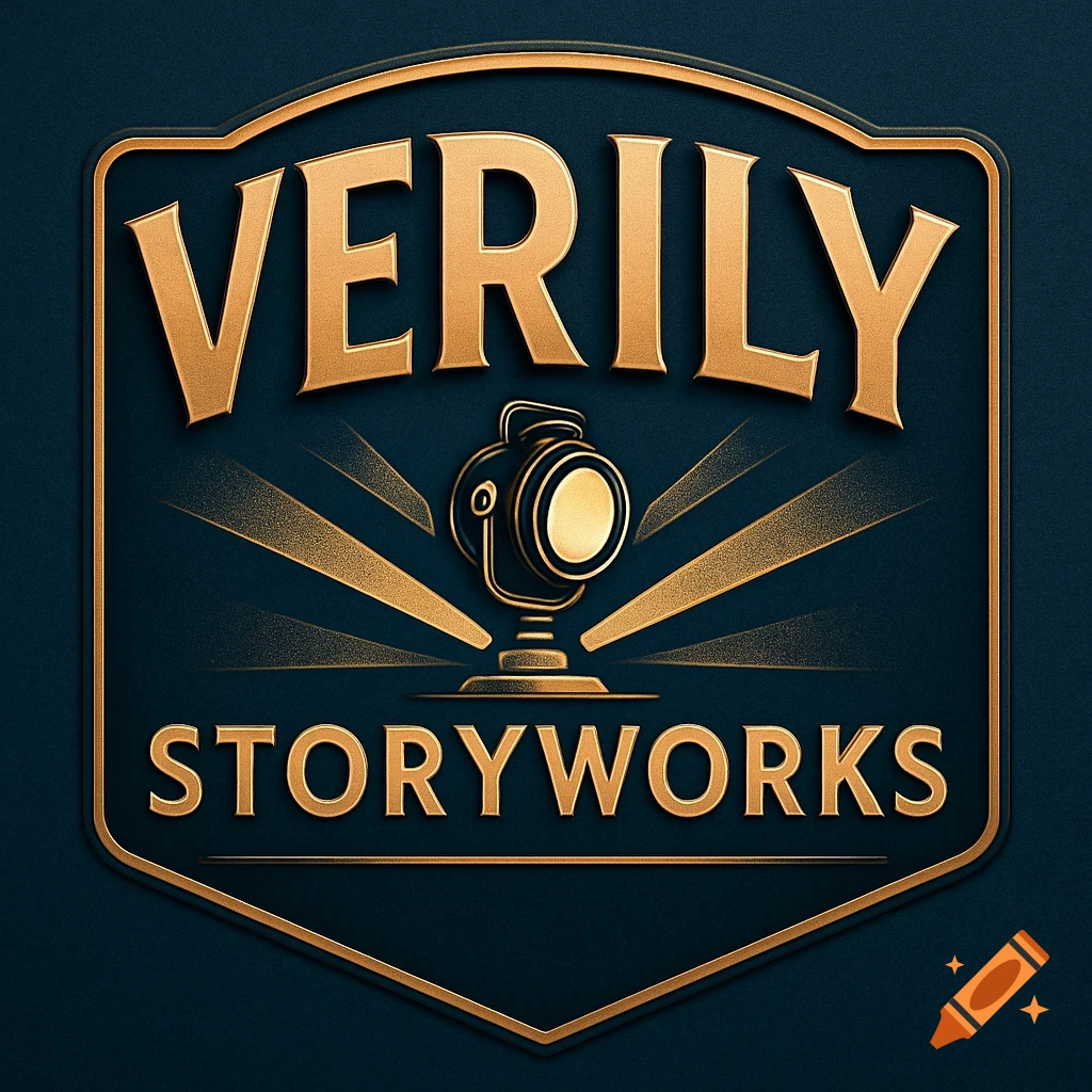 A vintage art deco style logo for 'Verily Storyworks' with golden text and a glowing spotlight graphic on a deep blue background.