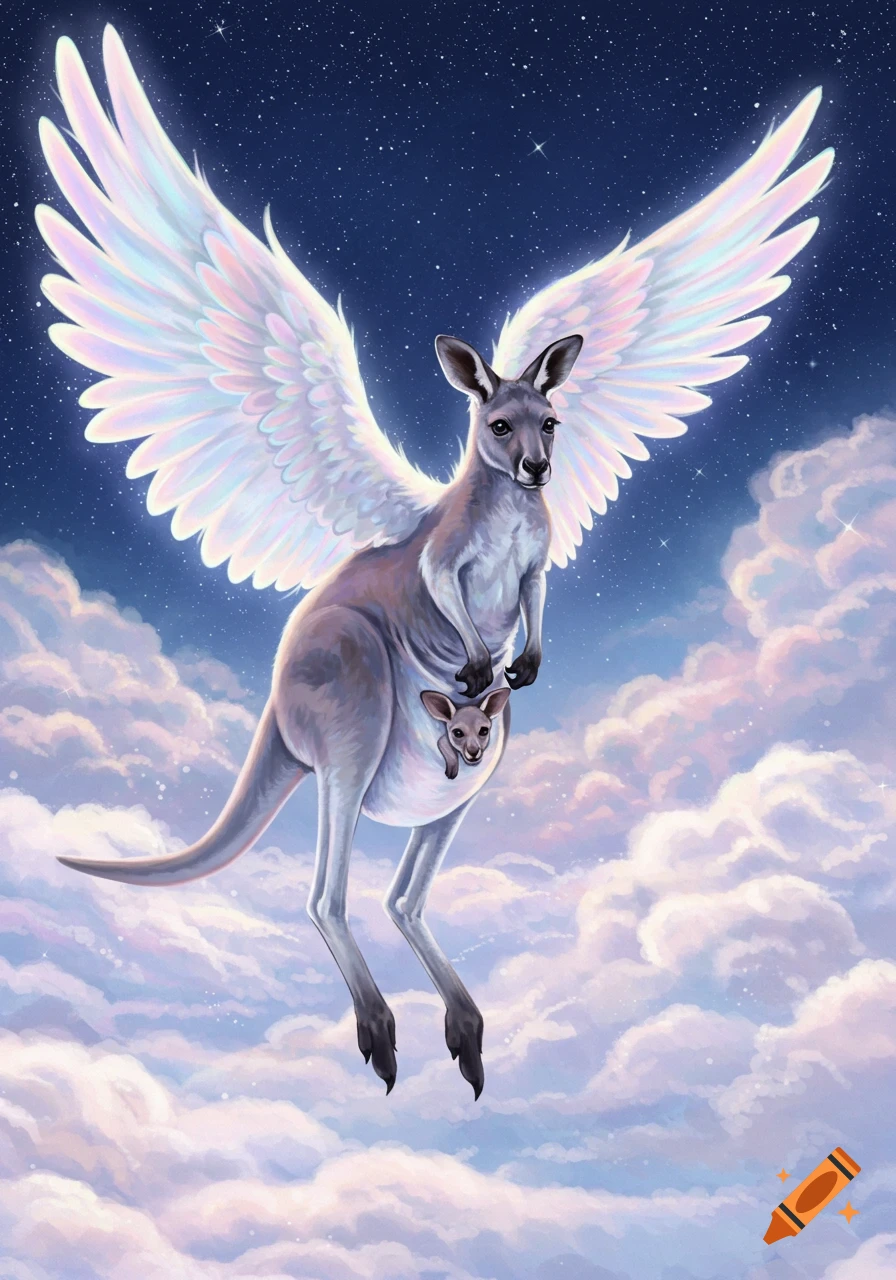 A winged kangaroo carrying a joey flies through a starry night sky with clouds, in a fantasy art style.