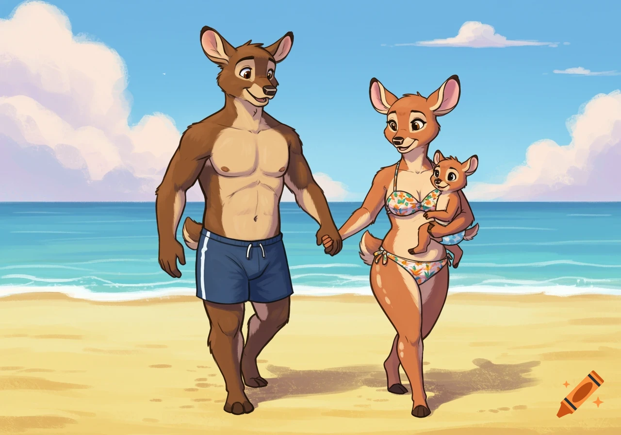 Disney-style drawing of an anthropomorphic deer family on a beach. Male in briefs, female in bikini holding a baby.