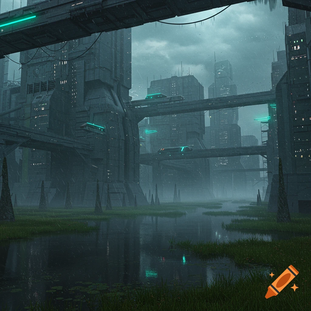 Rainy brutalist futuristic city with neon-lit elevated transport over a swamp, in Syd Mead style.