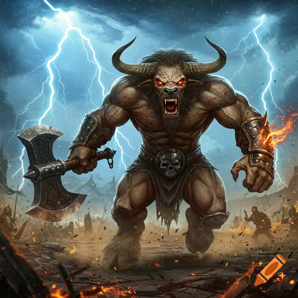 An angry, muscular minotaur warrior with glowing red eyes and a large axe charges forward amidst lightning and a fiery battleground.