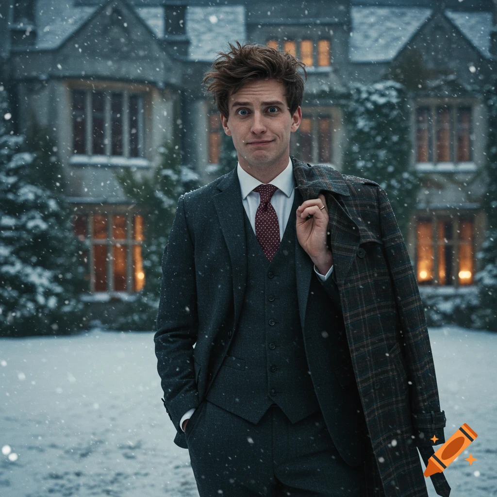 Hyper-realistic portrait of a man in a tailored suit and trench coat, standing in falling snow outside an opulent English manor.