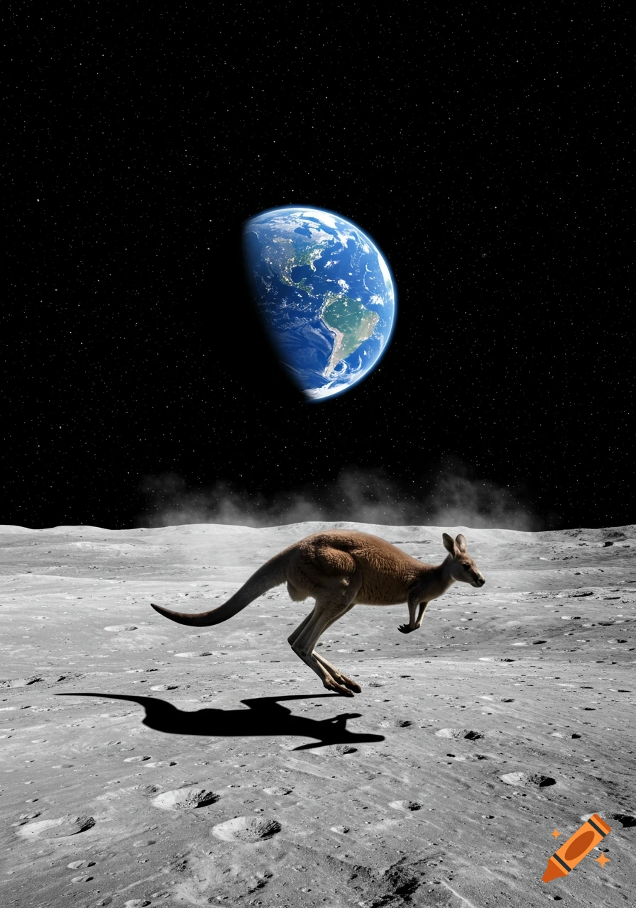 A photorealistic kangaroo hops across the cratered moon surface, with Earth visible in the dark, starry sky.
