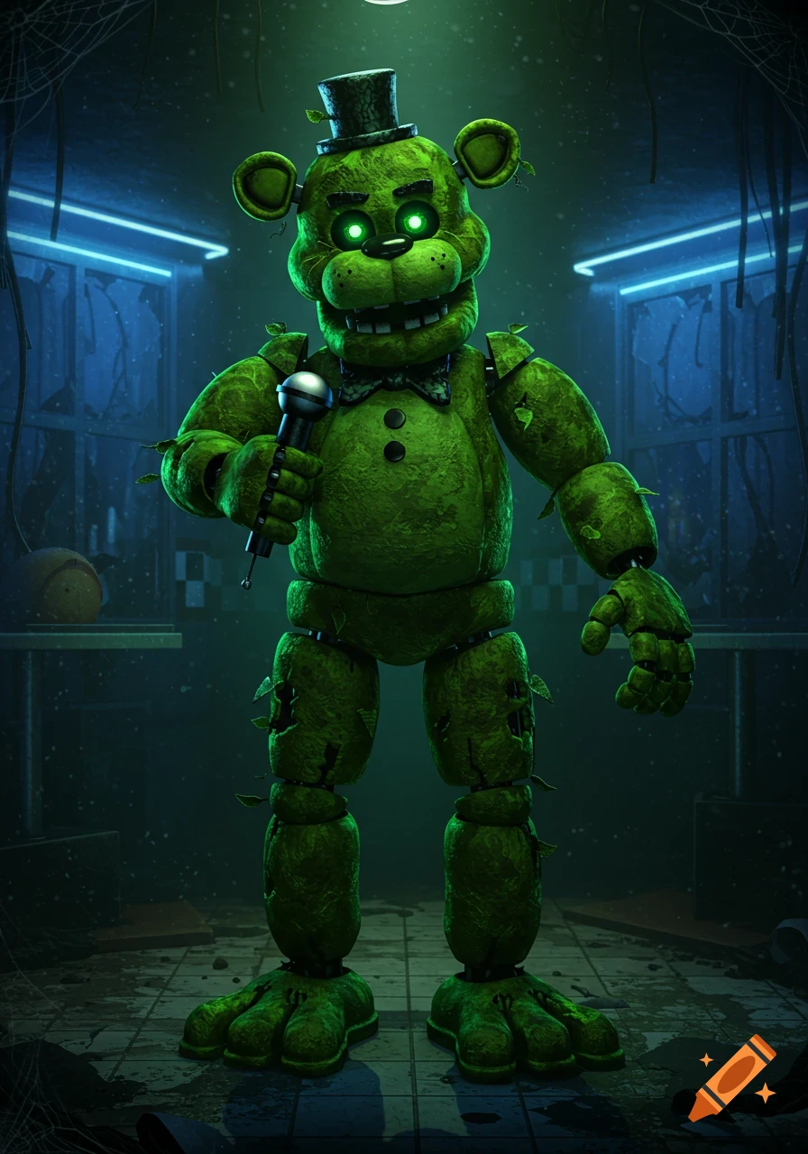 A green, moss-covered animatronic bear resembling Freddy Fazbear stands in a dark, decaying room, holding a microphone.