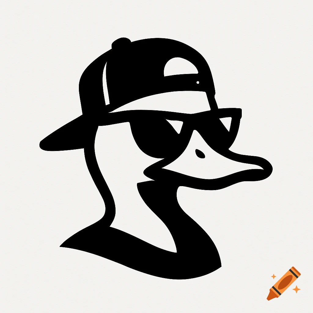 A black and white silhouette logo of a duck wearing a baseball hat and sunglasses.