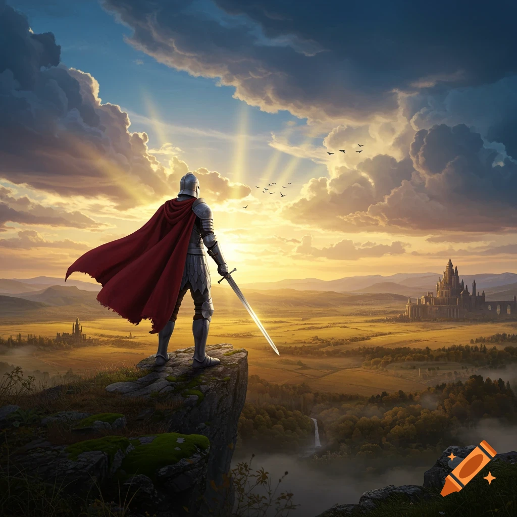 A knight in shining armor with a red cape stands on a cliff, gazing at a fantasy landscape with a distant castle at sunset.