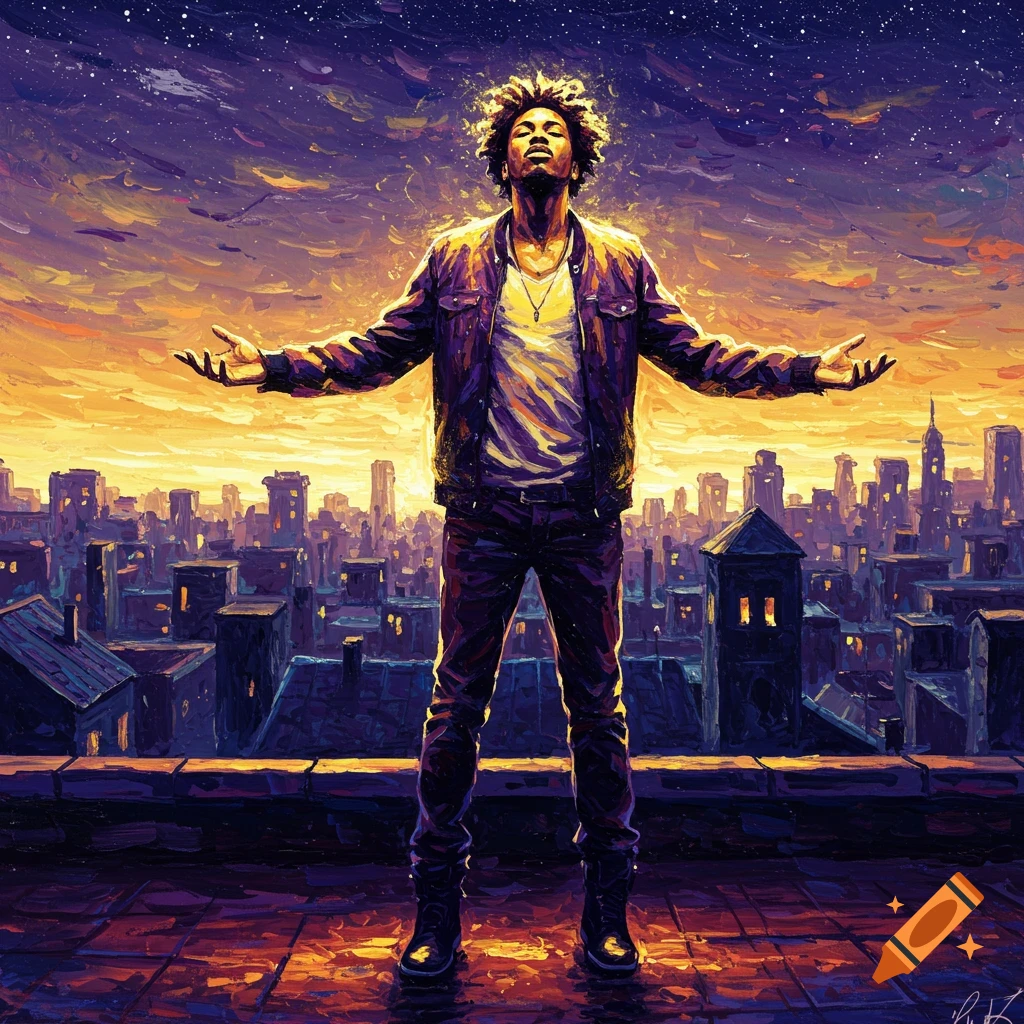 Vibrant acrylic painting of a man with arms outstretched on a city rooftop at sunset with a starry sky.