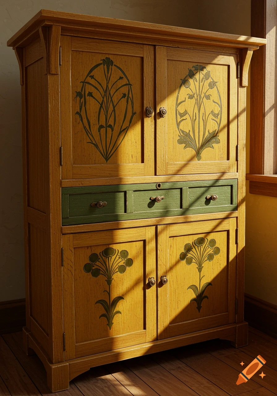 An Arts and Crafts style wooden cupboard with green drawers and stylized floral patterns, bathed in warm sunlight.