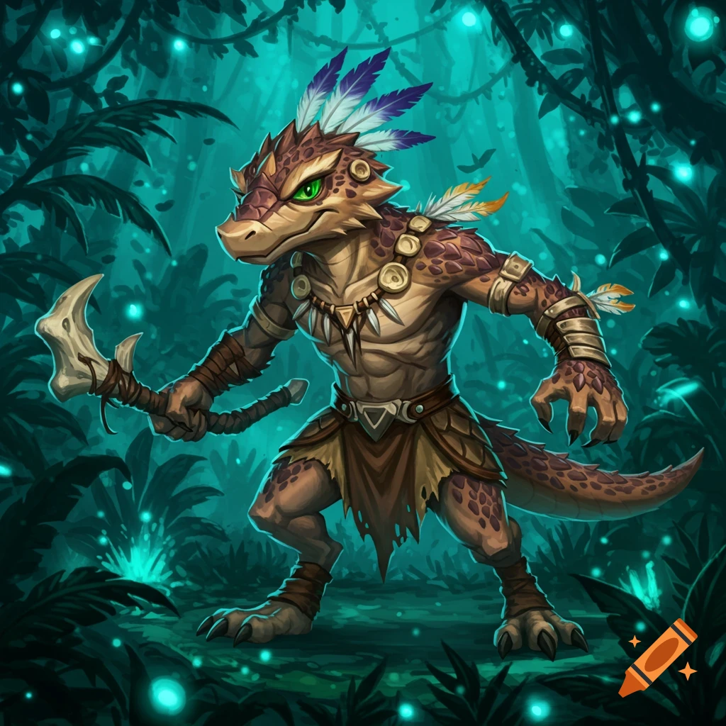 A brown reptilian creature with green eyes, feathers, and tribal attire, holding a bone weapon in a glowing turquoise jungle.
