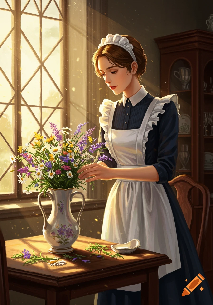 Digital painting of a maid in a dark dress and white apron arranging colorful wildflowers in a vase by a sunlit window.
