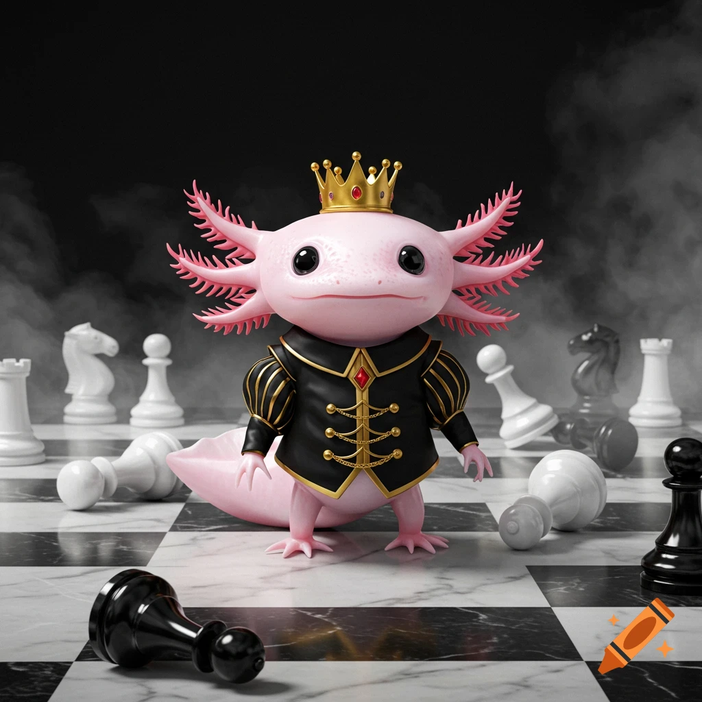 A cute axolotl king wearing a black and gold royal costume and a golden crown stands on a chessboard with scattered pieces.