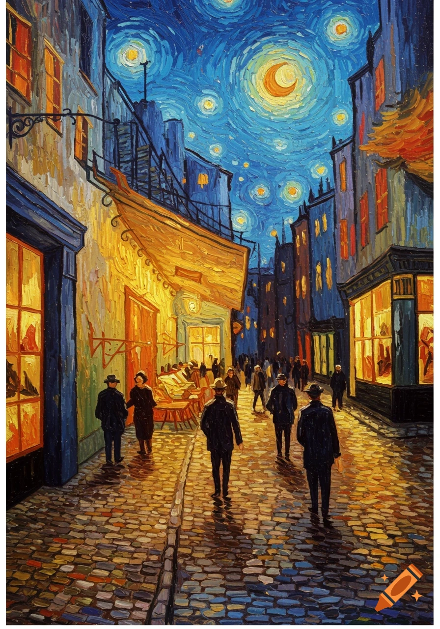 Van Gogh style painting of a bustling town street at night under a starry sky, with people walking past illuminated shops.