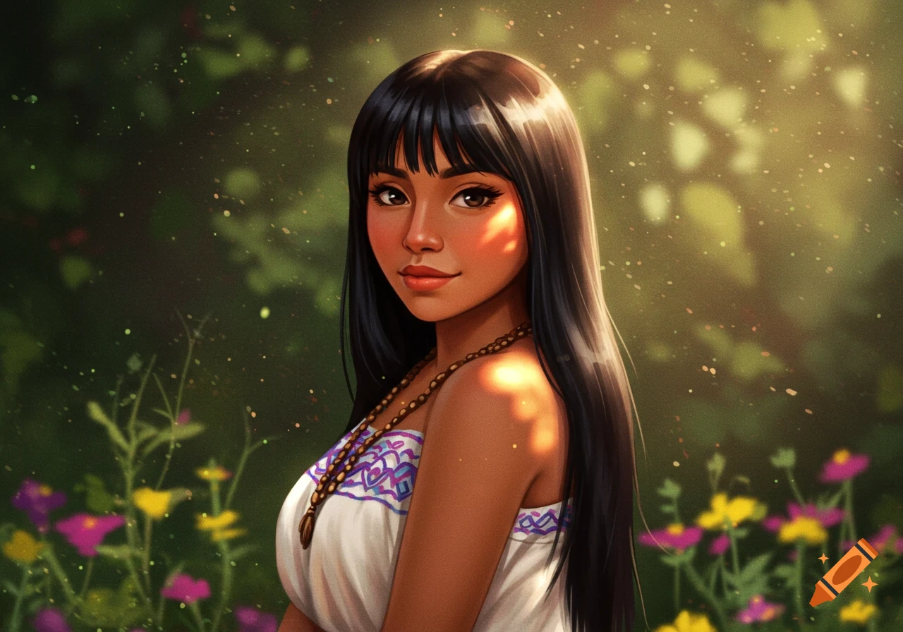 Digital art portrait of a young woman with long dark hair and bangs, in a sunlit, leafy outdoor setting with flowers.
