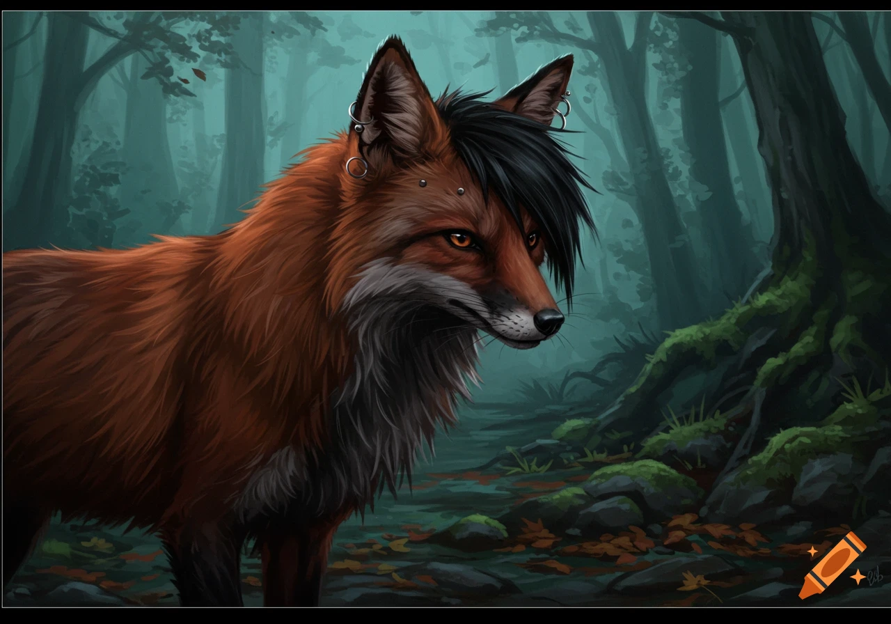 A stylized red-brown fox with black emo hair and piercings, glowing orange eyes, stands in a dark forest. Digital art.