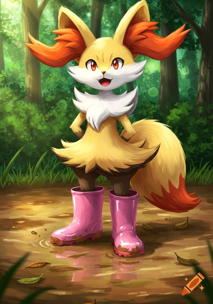 A cartoon Braixen from Pokemon, with orange-tipped ears and tail, wearing muddy pink rain boots in a forest.