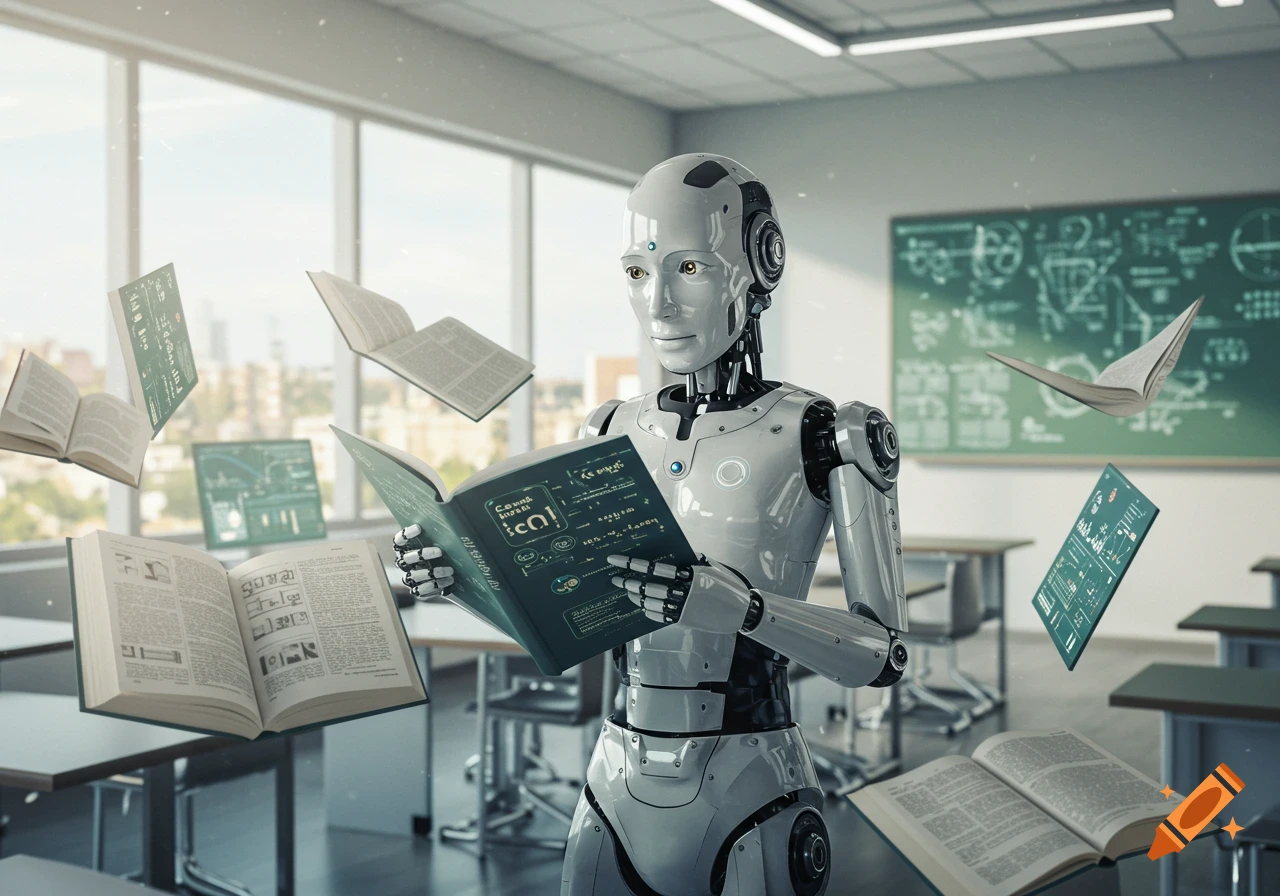 A sleek silver robot stands in a sunlit classroom, reading a book amidst floating textbooks and a chalkboard.
