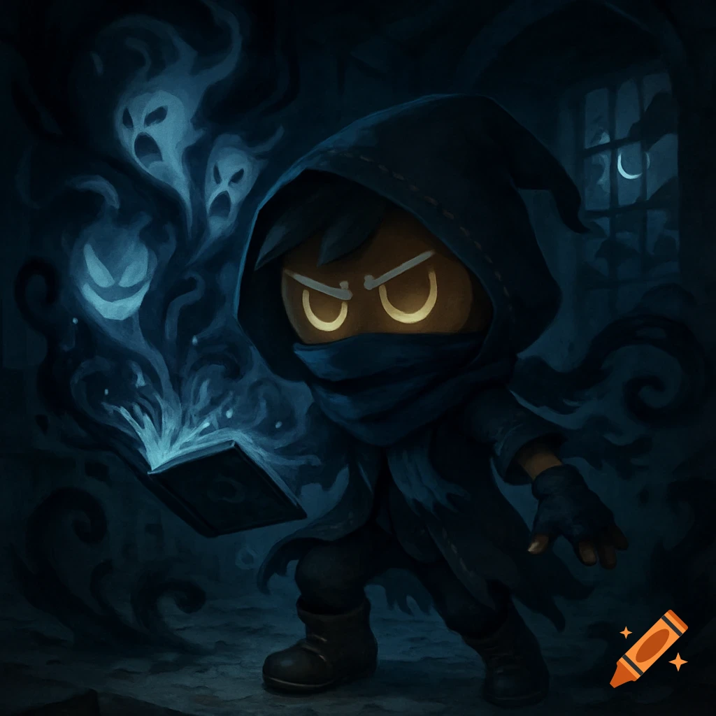 A dark fantasy cartoon character, Grinshade Cookie, in a hood and scarf, holds a glowing magic book surrounded by blue ghosts.