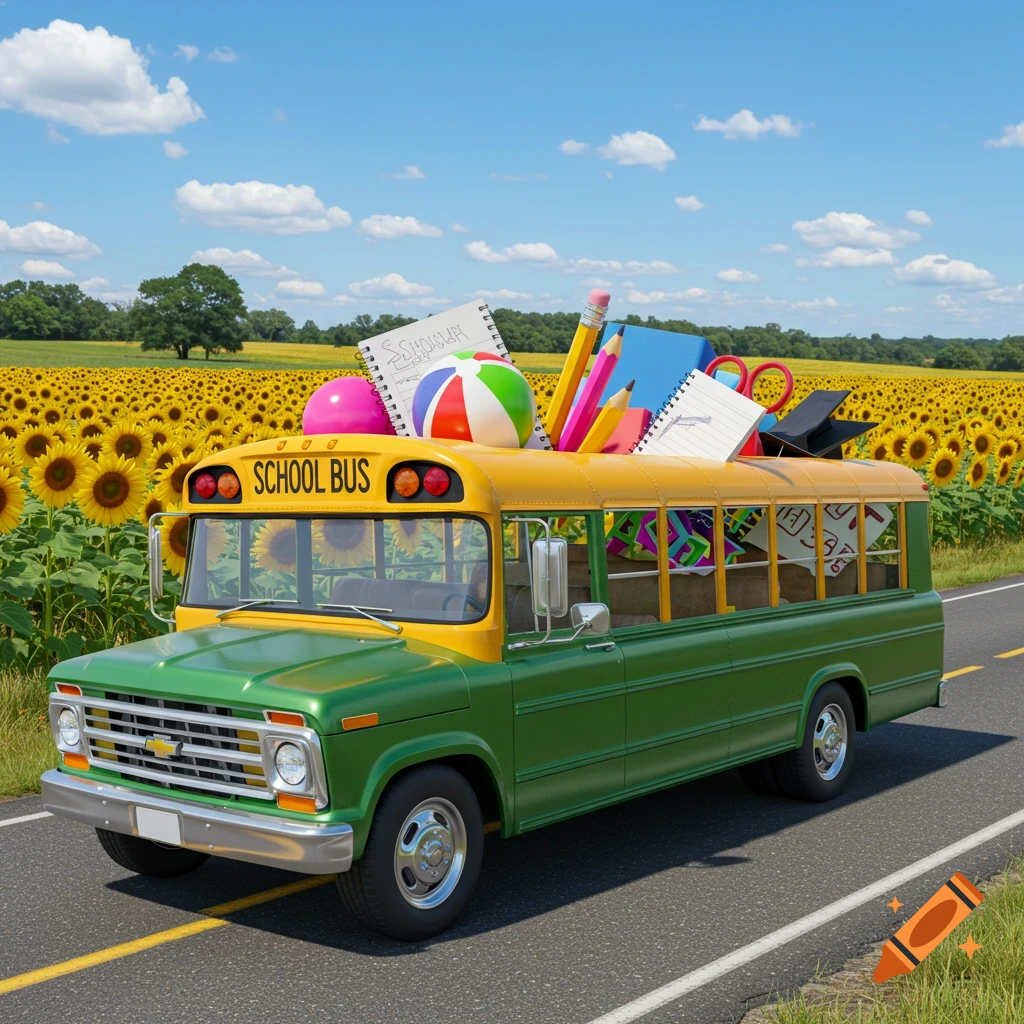 A green and yellow school bus, modified like a pickup truck, drives through a sunny sunflower field, loaded with school supplies.