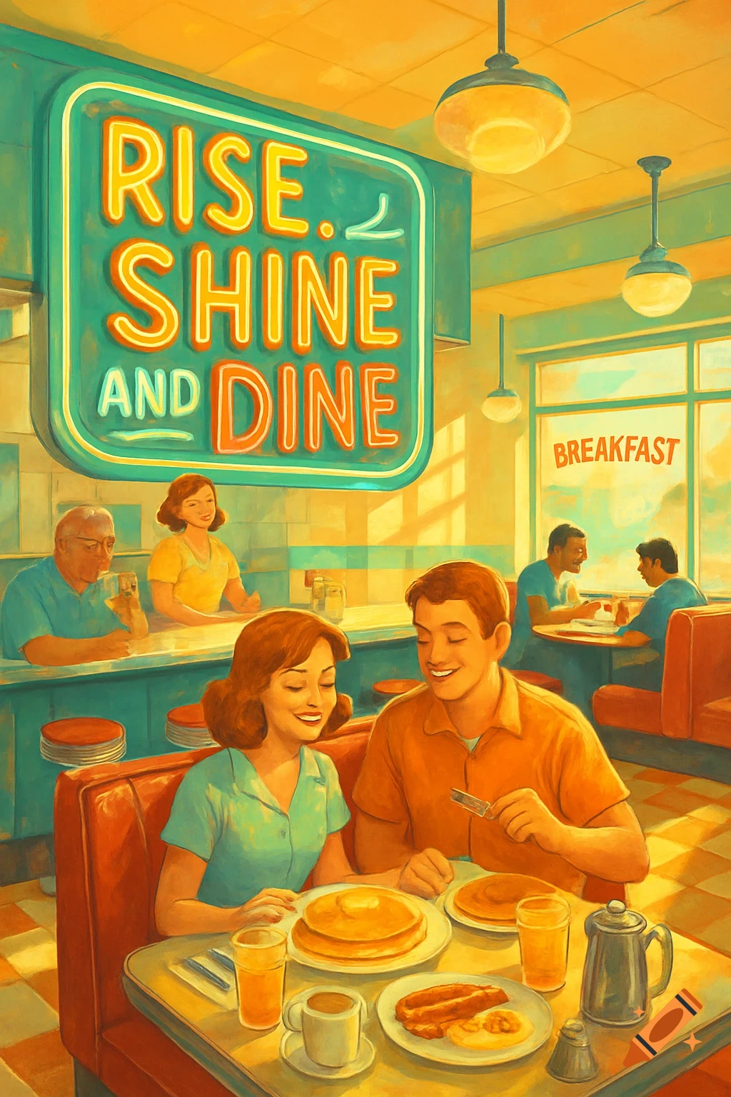 A vibrant retro illustration of a couple eating breakfast at a diner under a neon sign that reads 'RISE SHINE AND DINE'.