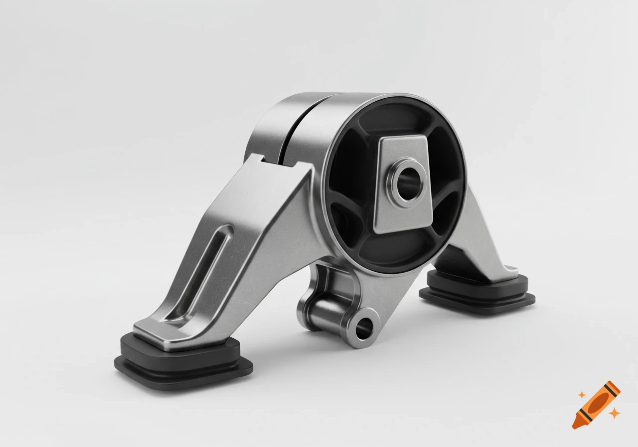 Photorealistic product image of a silver and black engine mount on a white background.