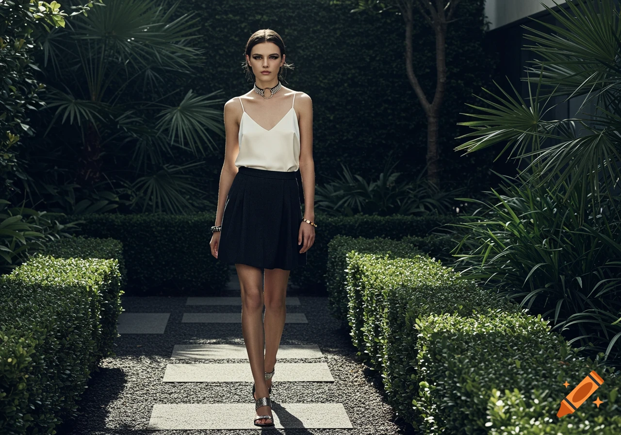 A young woman walks down a garden path, wearing a white camisole, black skirt, and jewelry, in a realistic fashion photo.