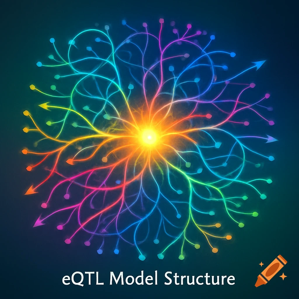 A vibrant, glowing, multicolored abstract network with a bright core, radiating lines, and arrows, labeled "eQTL Model Structure".
