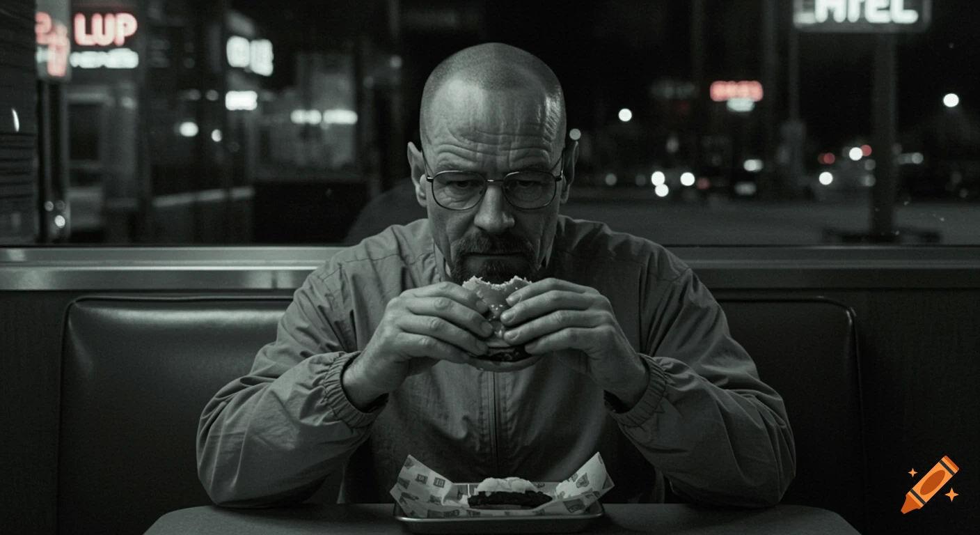 Bald man with a goatee and glasses eating a burger in a black and white diner scene at night.