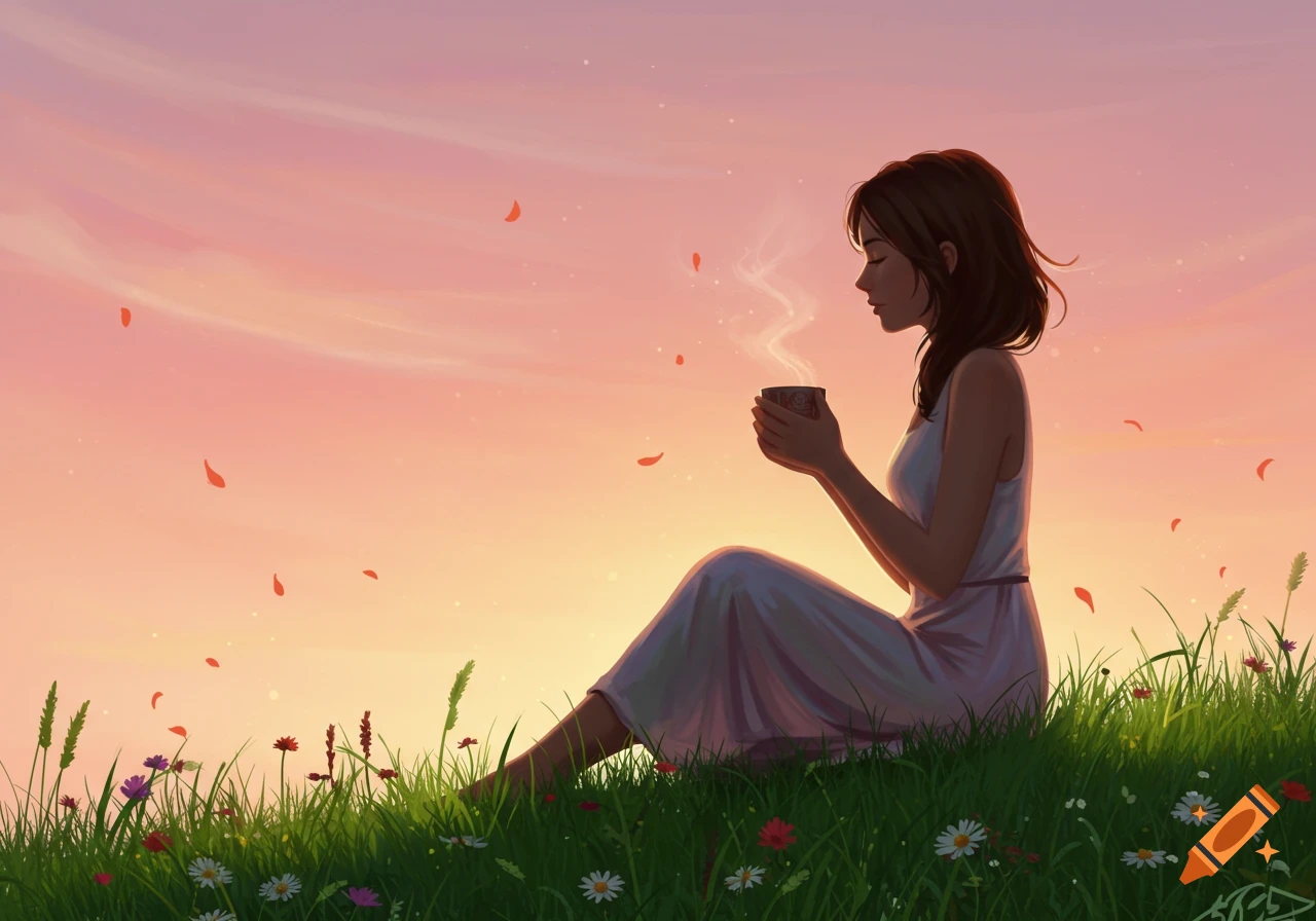 A tranquil digital illustration of a woman relaxing on a grassy hill at sunset, holding a steaming mug, with petals falling.