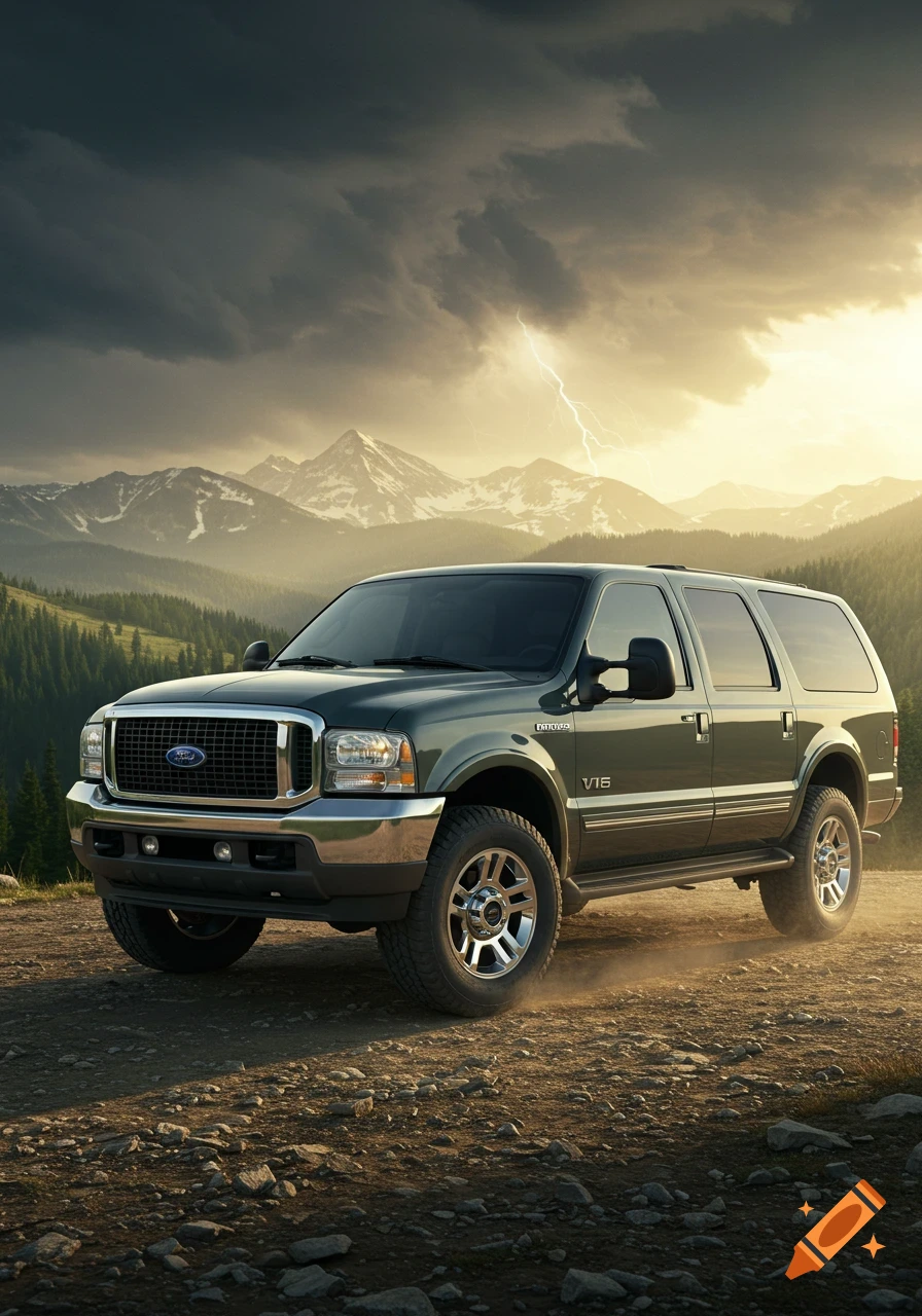 A dark green Ford Excursion SUV is parked on a dirt road in a mountainous landscape under a stormy sky with a lightning bolt.