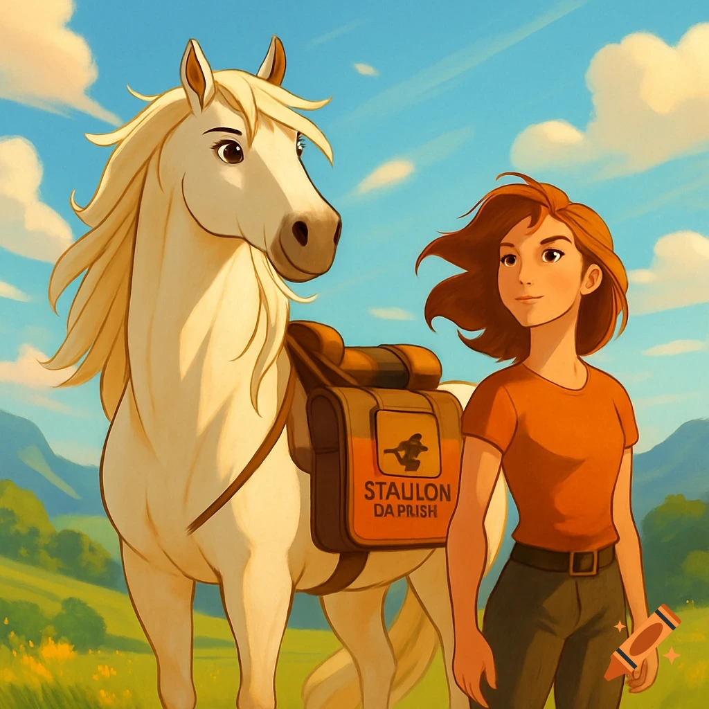 A cartoon girl with red hair stands next to a white horse with a pack saddle in a sunny, green landscape.