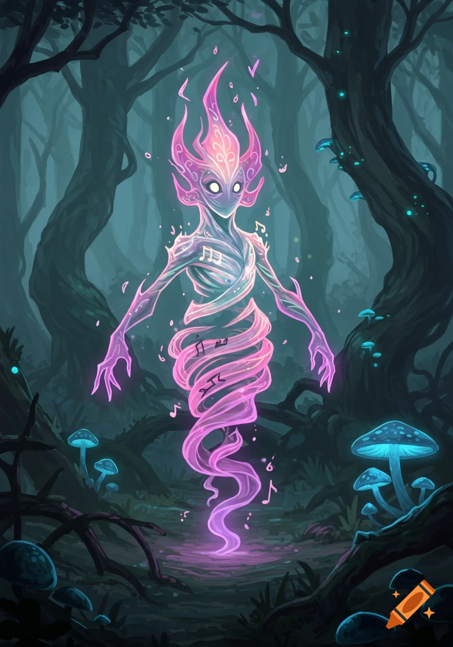 A glowing pink and purple sound elemental creature made of swirling energy and musical notes stands in a dark, magical forest with bioluminescent blue mushrooms.