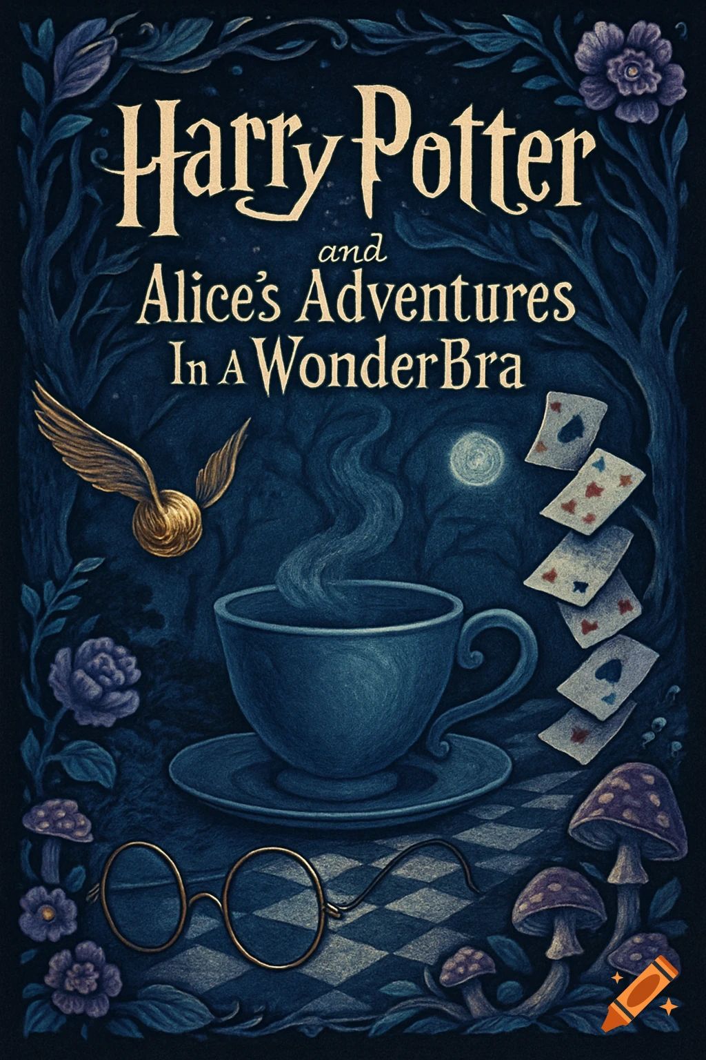 Illustrated dark fantasy book cover parody featuring elements of Harry Potter and Alice in Wonderland: a golden snitch, steaming teacup, and playing cards.