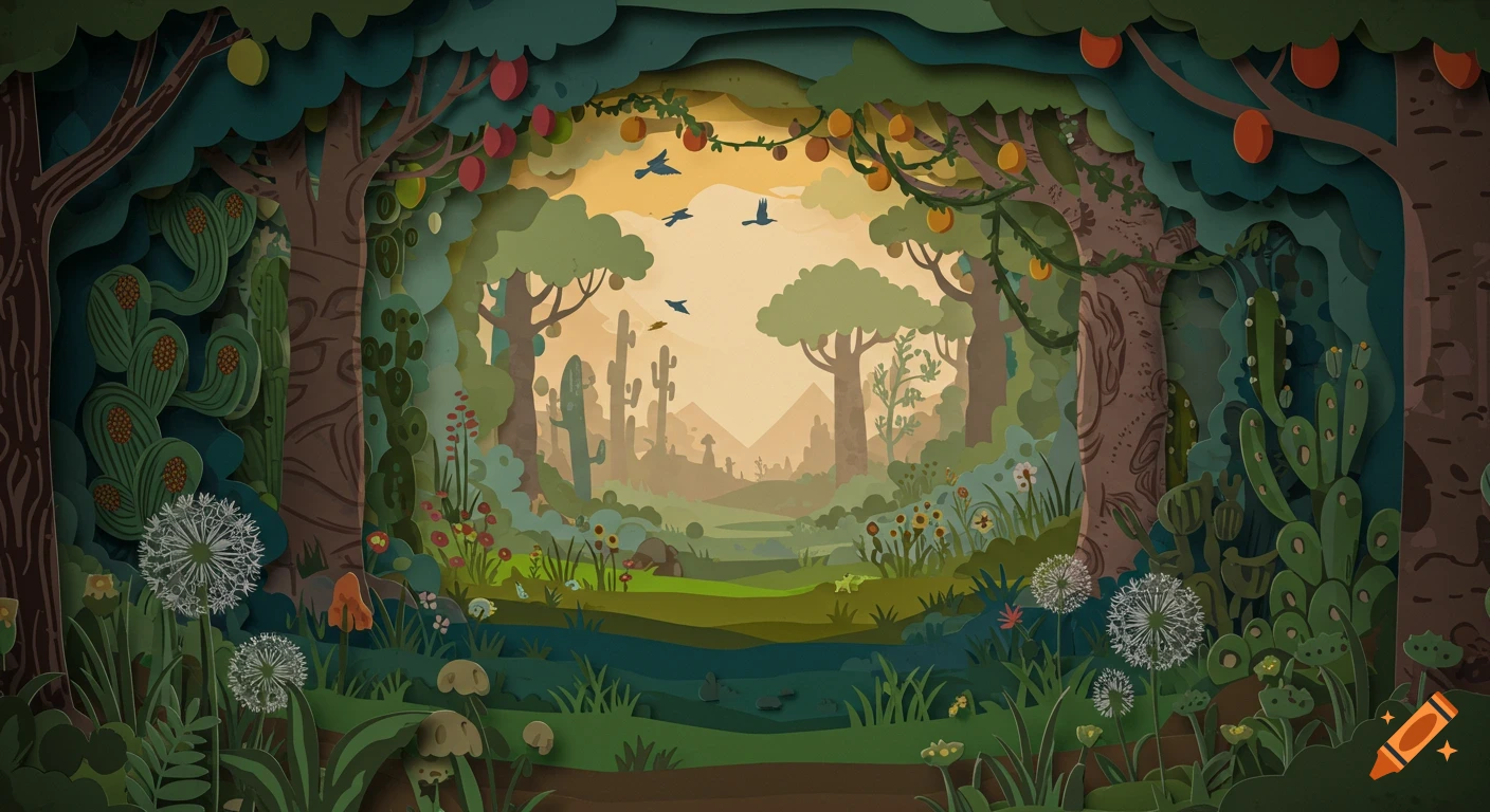 A layered paper-cut forest scene with various trees, cacti, dandelions, wildflowers, and birds flying in a sunlit desert landscape.